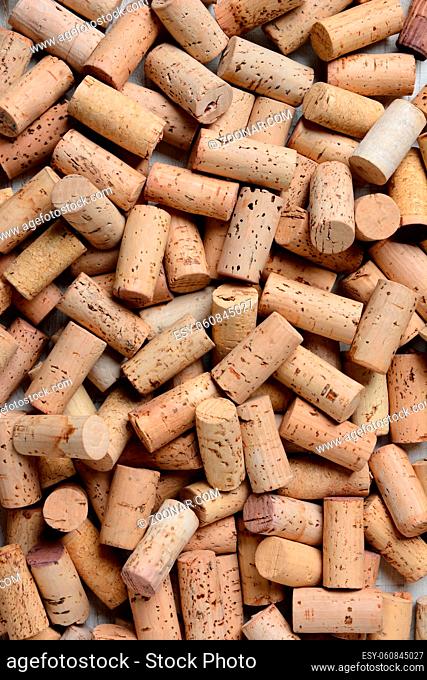 Closeup of a pile of used wine corks. Horizontal format with the corks filling the frame
