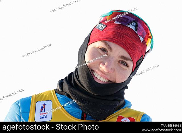 RUSSIA, UFA - DECEMBER 17, 2023: Gold medalist Viktoria Slivko of Russia at an award ceremony for the women's 12.5km mass start in Stage 2 of the 2023/24...