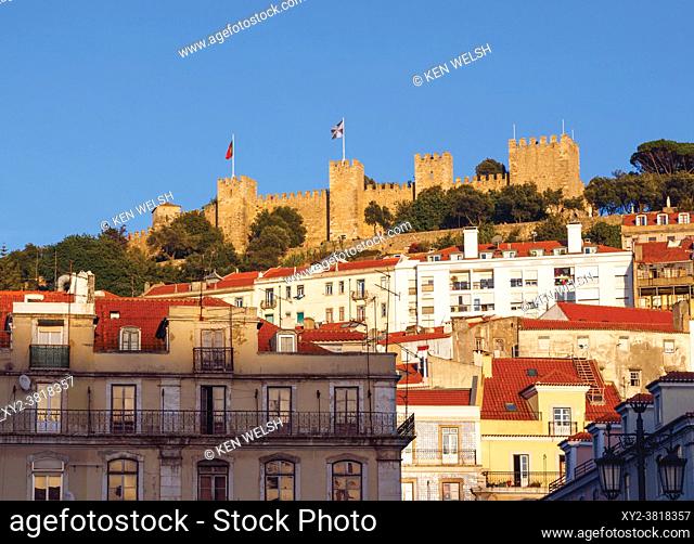 Lisbon, Portugal. Castelo de Sao Jorge seen from Praca da Figueira. Castle of St George seen from the Figueira Square