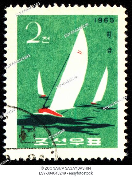 DPRK - CIRCA 1965: A stamp printed in DPRK North Korea shows yachts in a sea