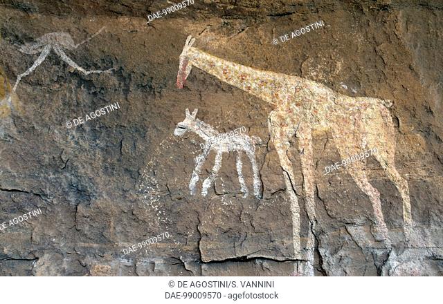 Giraffe, ostrich and horse, cave painting, Aouneni, Tadrart Acacus Massif (Unesco World Heritage List, 1985), Libya