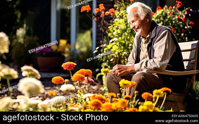 Senior man sitting on a bench in the garden and looking at flowers