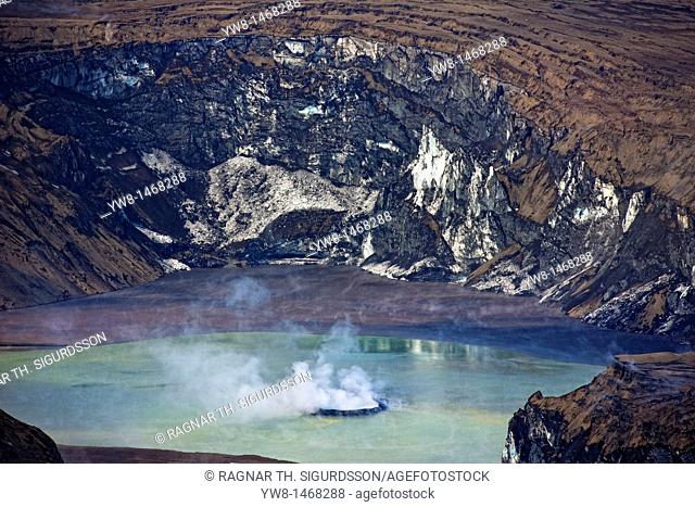 Grimsvotn crater steaming in lake, Grimsvotn volcanic eruption, Iceland  The eruption began on May 21, 2011 spewing tons of ash