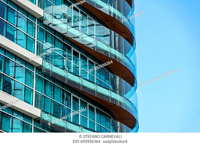 MILAN, ITALY 4 MAY 2019.: Abstract Modern Glass Financial Skyscraper Architecture Detail