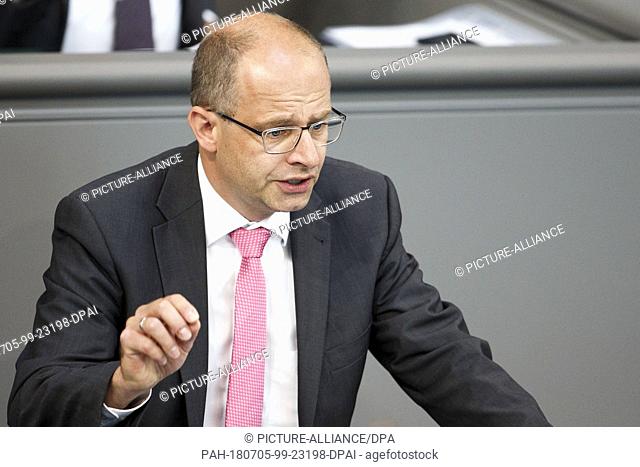 4 July 2018, Berlin, Germany: Michael Brand (CDU/CSU) speaks during a plenary session at the German parliament. The highlight of the 45th session of the 19th...