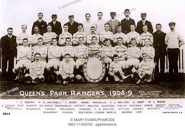 Queen's Park Rangers FC football team, with the Southern League Shield: Foster, Saltwell, Saxby, Shaw, Nicholls, Walton, Hart, Wood, Cowan (Manager), Duff