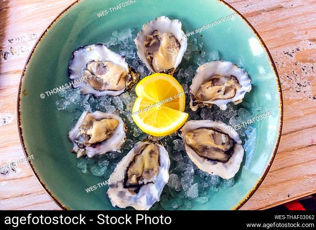Plate of fresh ready-to-eat oysters