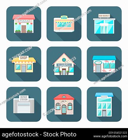 vector color flat design various buildings icons set long shadow