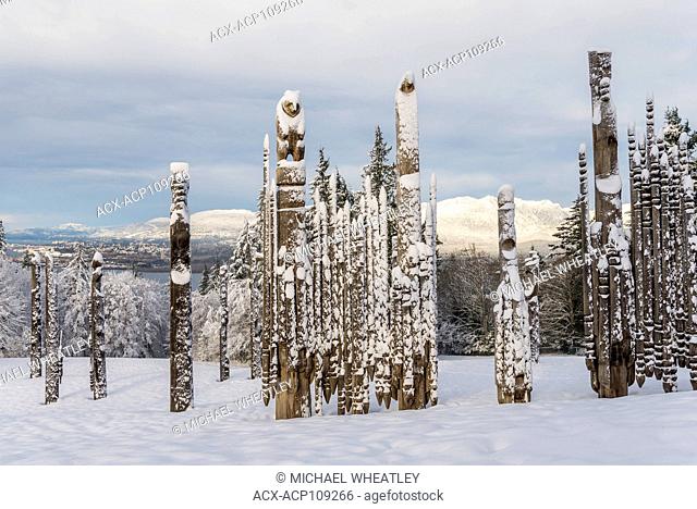 Playground of the Gods, Ainu totems, (Kushiro Park) winter, Burnaby Mountain Centennial Park, Burnaby, British Columbia, Canada