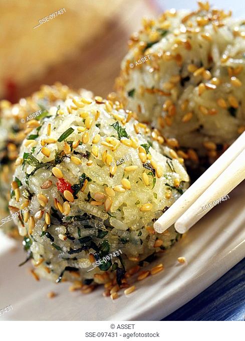 Thai rice balls with fresh herbs and ginger