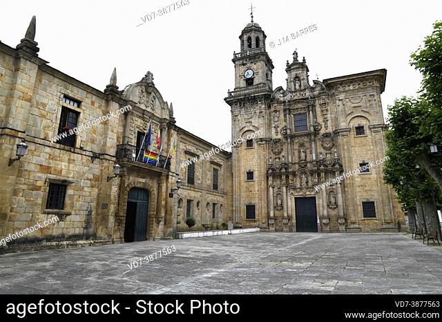 Vilanova de Lourenza, city hall (left) and San Salvador church (baroque 17th century). Lugo, Galicia, Spain