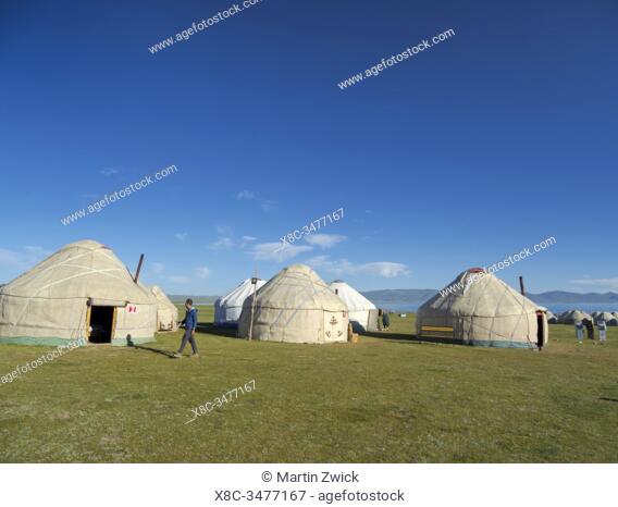 Yurts for tourists at lake Song Kol (Son Kul, Songkoel, Song-Koel). Tien Shan mountains or heavenly mountains in Kirghizia