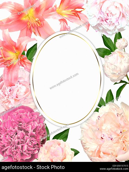 Vintage spring romantic floral frame with gentle pink lilies, peony flowers and leaves. Festive background for greeting card, invitation