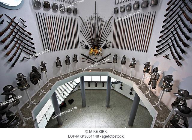 England, West Yorkshire, Leeds. The base of the Hall of Steel at the Royal Armouries, displaying a collection of over 2500 pieces of armour and weapons from the...