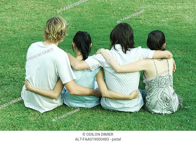 Four young friends sitting on grass, side by side, with arms around each other, rear view