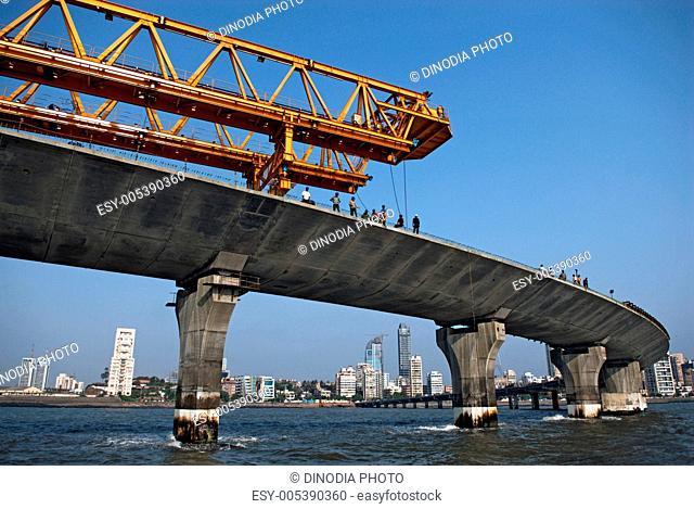 Giant iron struss used to lift last block in construction of eight lane twin carriageway cable stayed Bandra worli sea link ; Bombay Mumbai ; Maharashtra  ;...