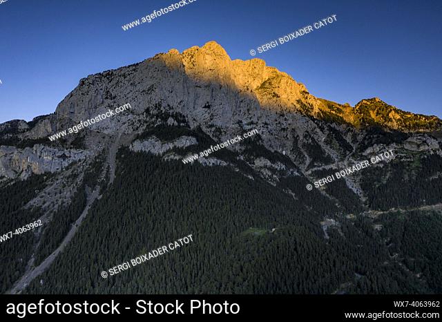 Pedraforca north face aerial view in a summer sunrise over Saldes Valley (Barcelona province, Catalonia, Spain, Pyrenees)