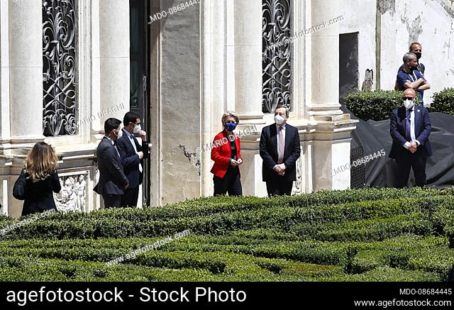 Global Health Summit. Italian Prime Minister Mario Draghi and President of the European Commission Ursula von der Leyen in the gardens of Villa Doria Pamphili