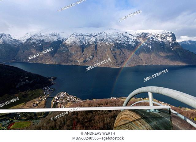View of the Viewing platform Stegastein in the Aurlandsfjord, a branch of the Sognefjords, late winters, Sogn of Fjordane, Norway