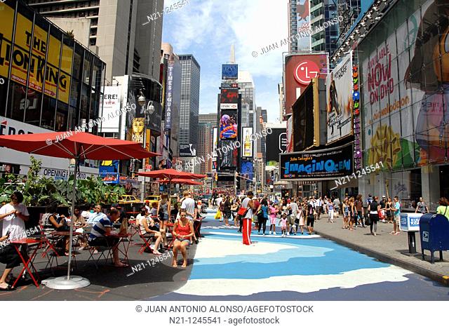 Pedestrian area on Broadway at Times Square. Theater District. Manhattan. New York, New York. USA