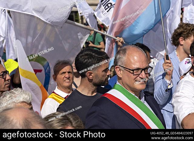 Roberto Gualtieri, Mayor of Rome, in support of LGBTQIA rights, participates in the Gay Pride Parade, through the streets of Rome, Italy, Europe, European Union