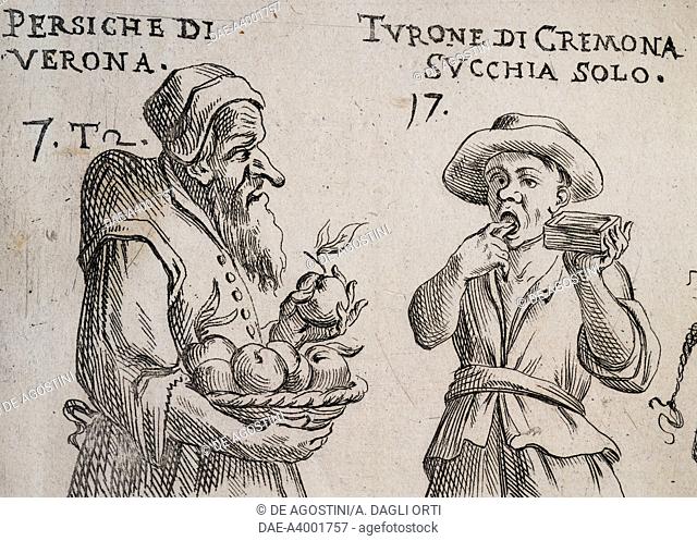 Persiche of Verona and Turone of Cremona, detail from the Game of plenty, by Giuseppe Maria Mitelli (1634-1718), engraving from Opere figurate