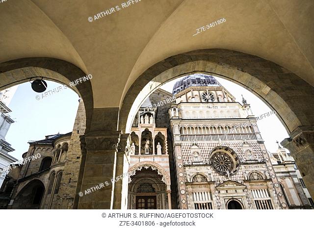 View of the Basilica of Santa Maria Maggiore and Colleoni Chapel (Cappella Colleoni) from the loggia arches of the Palazzo della Ragione