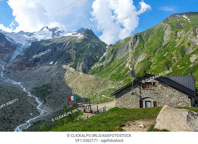 Elena hut and Pre de Bar glacier in Ferret valley, Mont Blanc massif, Aosta province, Aosta Valley, Alps, Italy, Europe