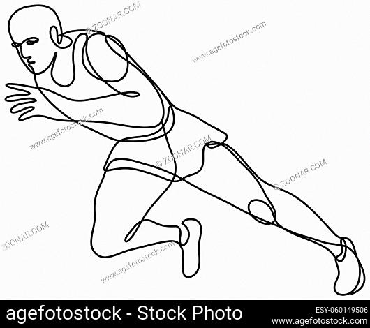 Continuous line drawing illustration of a track and field athlete running start done in mono line or doodle style in black and white on isolated background