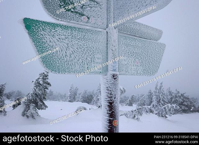 16 December 2023, Saxony-Anhalt, Schierke: Hoarfrost and snow cover a sign on the Brocken. The mild temperatures of the past few days have caused the snow in...