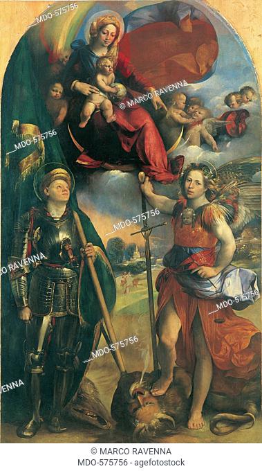 Madonna in Glory with Child, Angels and Sts George and Michael Archangel, by Luteri Giovanni know as Dosso Dossi, 1525, 16th Century, oil on panel
