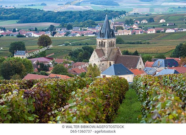 France, Marne, Champagne Ardenne, Ville Dommange, town overview with church and vineyards, dusk