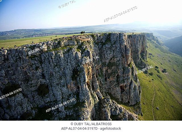 Aerial photograph of the Arbel cliff near the Sea of Galilee