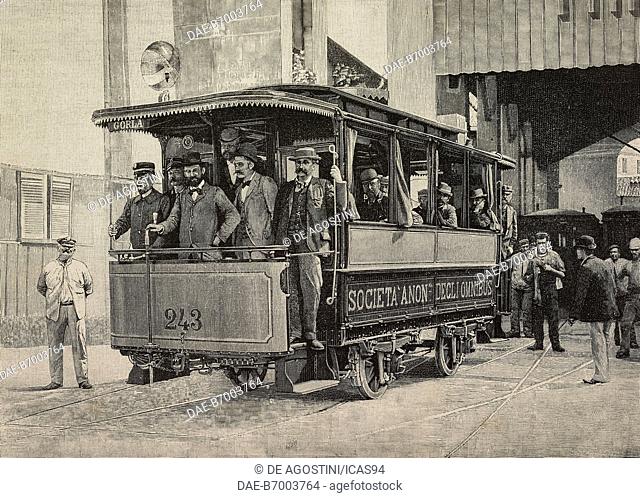 Electric tram in Milan, Italy, engraving after a photo by the Treves brothers, from L'Illustrazione Italiana, Year XX, No 31, July 30, 1893