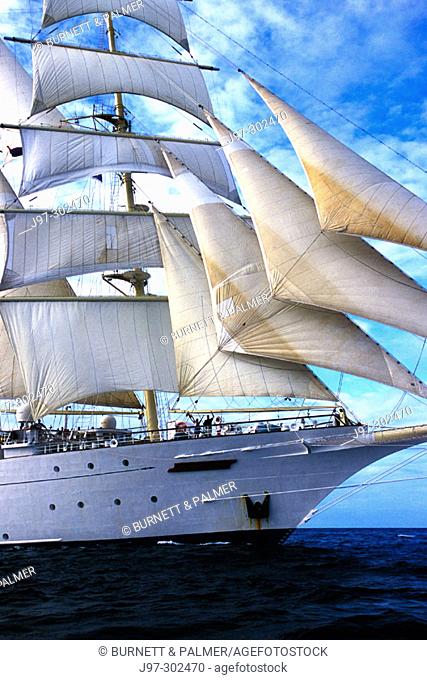 The starboard bow of the clipper ship 'Star Clipper' sailing on the Caribbean Sea off the Central American country of Honduras