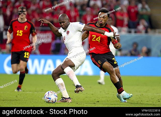 Canadian Kamal Miller and Belgium's Lois Openda pictured in action during a soccer game between Belgium's national team the Red Devils and Canada