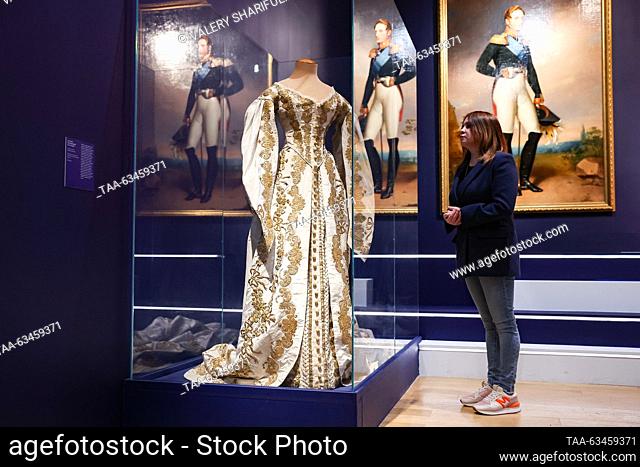RUSSIA, MOSCOW - OCTOBER 17, 2023: A court dress (mid-to-late 19th century) is on display at an exhibition titled ""Peterhof