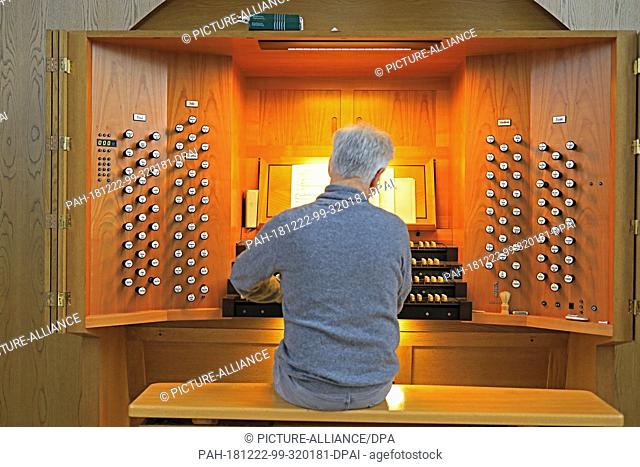 07 December 2018, Saxony-Anhalt, Magdeburg: Cathedral cantor Barry Jordan plays the organ in Magdeburg Cathedral. 10 years ago the large organ on the Westempore...