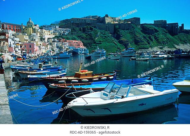 Fishing harbour fortress Corricella Procida Bay of Naples Campania Italy