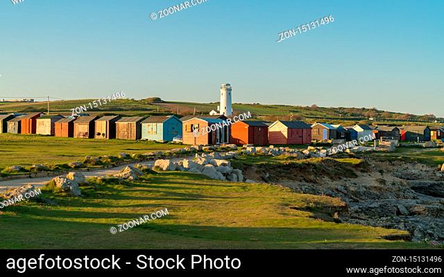 Portland Bill, Jurassic Coast, Dorset, UK - April 22, 2017: View at the Old Lighthouse and the huts