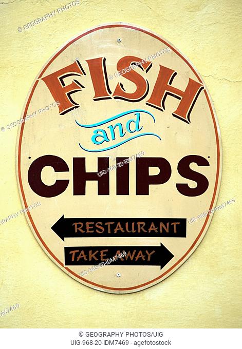 Close up fish and chips sign, Wickham Market, Suffolk, England