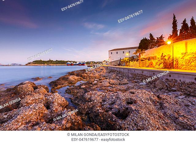 Evening view of Spetses village from the beach, Greece.