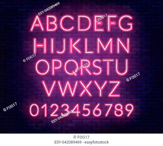 Neon pink alphabet on brick wall background. Capital letter. Vector illustration