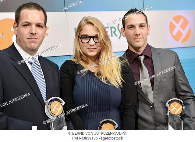 Prize winners of the XY Prize 2013, Tim Conrady (L-R), Paulina Hoppe and Christian Thoene pose before the award presentation in a ZDF television studio in...