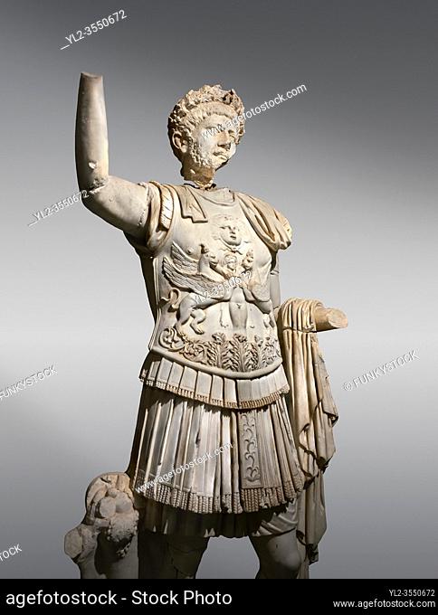 Roman statue of Emperor Trajan . Marble. Perge. 2nd century AD. Inv no . Antalya Archaeology Museum; Turkey