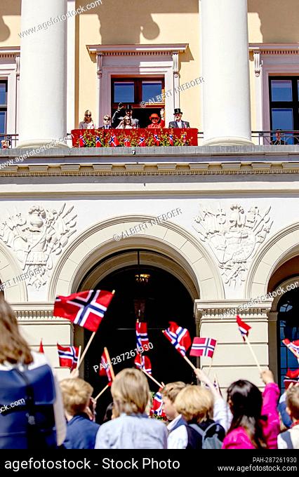 King Harald, Queen Sonja, Crown Prince Haakon, Crown Princess Mette-Marit, Princess Ingrid Alexandra and Prince Sverre Magnus of Norway at the balcony of the...