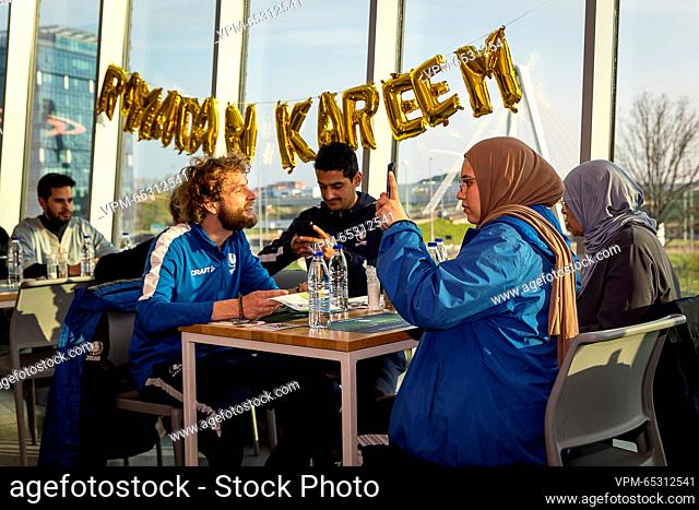 Illustration picture shows a charity iftar in favor of earthquake victims in Syria and Turkey, organized by KAA Ghent, Karama Solidarity, Voem and Averroes