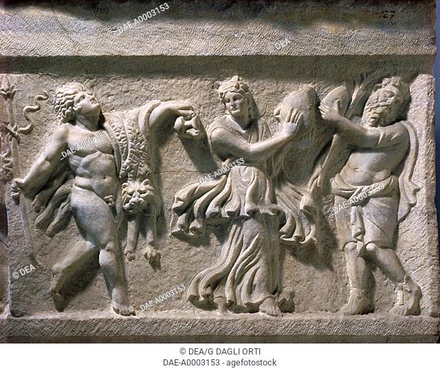 Roman civilization. Marble sarcophagus with relief depicting the life of Ariadne at Naxos. From Alexandria. Detail: dance of fauns, maenads and seleni