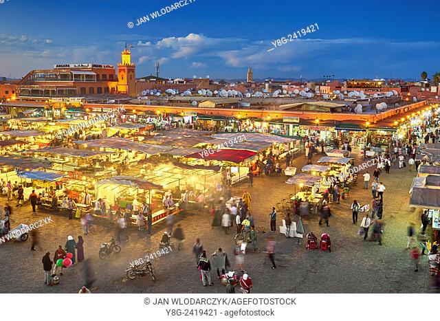 Djemaa el-Fna square at dusk, Marrakech, Morocco, Africa