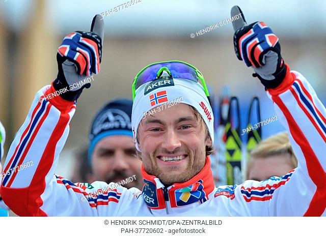 Norway's Petter Northug Jr. celebrates after winning the cross country men 15 km free individual at the Nordic Skiing World Championships in Val di Fiemme